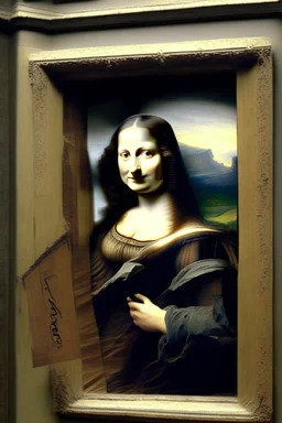 Mona Lisa climbing out of her portrait at the Louvre