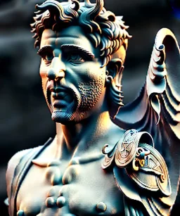 Gran angular, Realistic image, roman sculpture, marble material, Lionel Messi with Laurel wreath model, miguel angel style, God light, god rays, 4k resolution, perfect details, ornate details, soft lighting, unreal engine 5, soft cyan background.