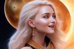 brown eyes, laugh, blonde sophie hennie cute young woman singing at saturns europa moon, golden jewelry, ice cold, winter, magnificent, majestic, highly intricate, incredibly detailed, ultra high resolution, complex 3d render,renaissance painting