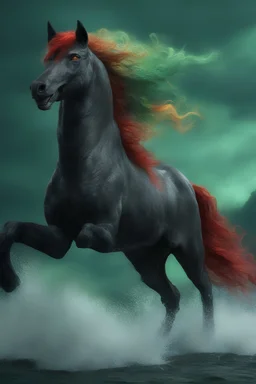 full body, head to toe, 3D, the anthropomorphic black Chinese Indian werewolf Horse with Long wavy, curly (((red hair))) and bright, (((sea-green eyes))), breathing fire, resembles Elvis Presley - full color - 32k, UHD, 1080p, 8 x 10, glossy professional quality digital photograph - dark foggy gradated background, historic, powerful, octane rendering, exquisite detail, 30 - megapixel, 4k, 85 - mm - lens, sharp - focus, intricately - ((skin details, high detailed skin texture