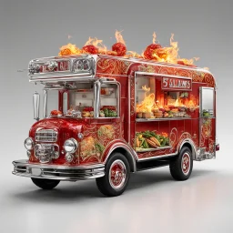 Crystal Clear glass food truck shaped like a firetruck, "5 Alarm Chili" food truck theme, fantastical vehicle with the side open to a ordering bar, elaborate, vibrant, fantastical, photorealistic, maximalist, insanely detailed