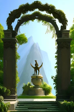 entrance to Mount Olympus:: greece:: heavy archway:: ornate, beautiful, lush, vines, goddess statues, Intricate Tree branches, water fountain, low angle, Photorealistic --ar 1:2 --q 2