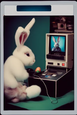 Polaroid of the easter bunny playing a video game console