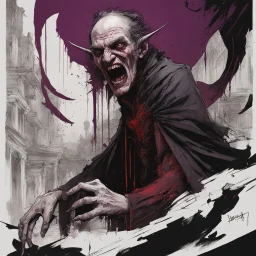 Dramatic ancient Vampire Lord bearing fangs, horror caricature 2/3 portrait, by Russ mills, by Zdzislaw Beksinski, by Jeremy Mann, exaggerated long Fangs, black-deep red-deep violet color scheme, dark nighttime background, dramatic, otherworldly goth art.