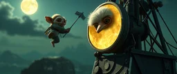 good moon ring close up on the coolest sassy fluffy dwarf kobold explorer climbing a radio tower with crazy swag in the style of fallout 4