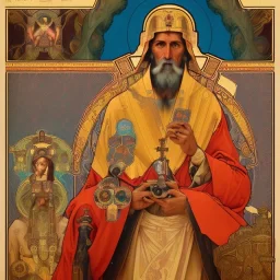 patron of photographers holding a camera in one hand and film roll in the other. orthodox icon with saint photographer. Cyrillic inscriptions. hyperdetailed, Alphonse Mucha, Zdzisław Beksiński, poster, illustration, ink, oil on canvas, 18th century atlas