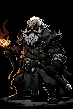 darkest dungeon style character art: black-skinned dwarf man with white hair and beard, witch hunter, wearing armour and wielding a warhammer