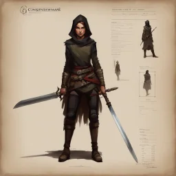 ConceptSheet [by Guy Borremans]: woman thief rogue and her short sword with AD&D statistics