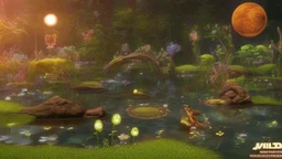 screenshot of a smartphone game, horizontal display, start screen, rear shot of a stylized and happy young brown frog with black stripes in its natural habitat at sunset, plain with wetlands, ravines, river with water hyacinth, ceibos and willows, dragonflies, beetles, dewdrops, cartoon atmosphere, digital art