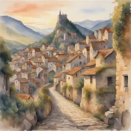 A watercolor painting depicting a medieval village from the perspective of a cobblestone road at sunset. The road and village continue to ascend into the mountains, with stone and wooden houses blending seamlessly into the rocky recesses of the mountain, reflecting the golden hues of the setting sun and the growing ivy. In the background, the majestic mountains feature large cultivated terraces and pronounced limestone gorges with hanging vegetation and meltwater streams.