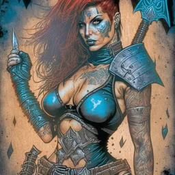 Magic the gathering card. Fit tattooed woman, egirl vives, 80s comicbook style, knight armor, wasteland.