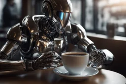 A hyper-realistic, A futuristic robot, its body made of shining silver, perched atop a cup of hot, aromatic coffee., Photo Real, 64k