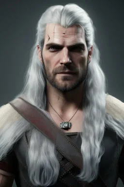 Henry cavil face, long white hair, wearing The witcher 3, realistic, 4k,