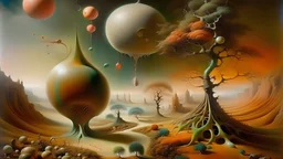 in a surrealist style, the changing of seasons in an alien planet similar to earth with the "words le stagioni"