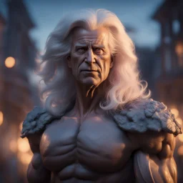 jo biden with muscles and big wig, Guiding souls through twilight, where the shadows flee In this realm of aftermath, phantoms softly tread Following the will-o-wisp, where the lost are led ,bokeh like f/0.8, tilt-shift lens 8k, high detail, smooth render, down-light, unreal engine