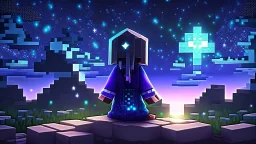 Minecraft Character, minecraft theme, purple starry sky, meditating, aesthetic, facing back, wearing gown, chinese theme