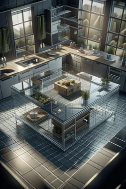 isometric model on beautiful luxury kitchen table, glass walls and tunnels in isometric perspective, photo-realistic, shot on Hasselblad h6d-400c, zeiss prime lens, bokeh like f/0.8, tilt-shift lens 8k, high detail, smooth render, down-light, unreal engine 5, cinema 4d, HDR