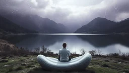 back to the camera a figure sittings on amorph sofa in a beautiful dreamlike landscape and overlooking the water of the nearby lake, calm, harmonious atmosphere, muted dark colors, purple, white, gray, green, blue, brown, silver, black , ,not too colorful colors, Whimsical style and giant stunning neuron network all over the sky, half shadow and half light abyss, surreal stunning vibe