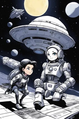[art by Marcel Gottlieb, (aka Gotlib)] studygirl and fussel in space! fussel "SPACE, so wide ma eyes reachn´. are there any videogames on this ship?" mind the zombiedude, he´s taken from a chinese/hongkong comicbook called "robot caught the vampire at night", but the original is doper! can you find UATU?