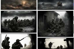 Masterpiece1:5)(Fineart), (award-winning:1.5), highest quality, (ultra realism:1.5) war journalism(,(by Tim Page and Hoorst Faas:1.5)),(Eastern Ukraine:(panel one:the moment after a battle ends, horrors of war, wounded men),(2nd panel, cinematic shot of men sitting in trench with 1000 yard stare (focus on their eyes:1.5)),(the third panel shows troops tired but hyper alert), (the fourth panel shows the sky is filled with incessant, fire and smoke everywhere,)