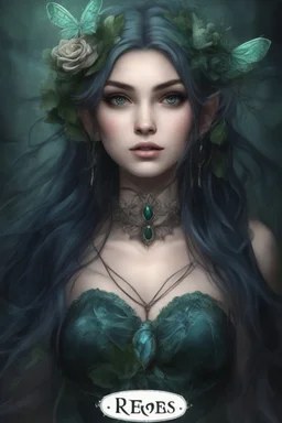 Dark bluec green hair, elven crown roses emerald Water lilies long hair lotus night Fairy princess rapunzel hair queen crown dragonflies fireflies elven tiara flowers fairy wings gothic dark blue ,fairy crown