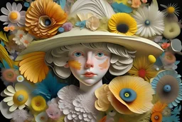 Surrealist artwork 3D Colorful detailed paper patchwork of a kind of filamentous triple humanoid pale white fragile lichen-like hairy little girl bioportrait wearing a hat, flowers and feathers, made entirely of flowers and dandelions Beautiful ornament style by Catherine Abel, Stephen Gibb, Ernst Hackel with sharp quality and clarity A woman has the most beautiful eyes and facial expressions, The eyes are detailed in a human-like way, Stunning, mesmerizing, visionary art + still life + figurati