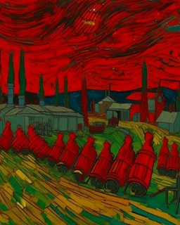 A dark red facility with missiles painted by Vincent van Gogh