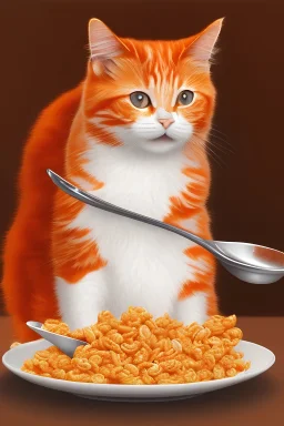 Gato naranja comiendo cereal con cuchara