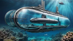 An unique stunning modern futuristic glass and metal submarine in the ocean, with a large body of water surrounding it. The submarine bottom positioned in the center of the frame, providing a unique perspective on this streamlined high-techstructure underwater, high detalied, shapr focus, sci-fi mood