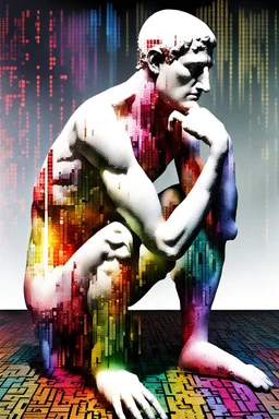 Artistic avant garde style image, upclose striking image about "The Thinker statue", the statue as main focus in a white room with his body covered in movie scene shadows playing on the body about news and movie scenes. Exploding into the air are colourful matrix data and virtual numbers, on the floor are broken pieces of statue, questioning the role of deep thought in an increasingly digital and disconnected world