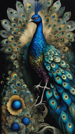 Max Ernst surrealist full body portrait alcohol ink illustration of a peacock with intricately detailed facial features, traversing the multiverse of transformative and expanded consciousness, blurring the boundaries between mortal and immortal, sharply defined and detailed, 4k in dark moody natural colors