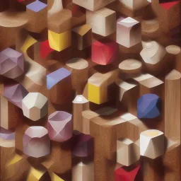 Wood, pastel colors, crepusculare, monde, olive, brown, yelow, white, red, cubes, cups, abstract art,creme,