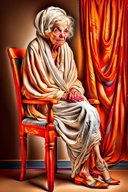 an old wrinkled woman sitting on a wooden chair, half dressed in dropped cloth, she is on display in a high end white art gallery, she is quite and no emotions, the original painting of Venus is on display on the wall, .ultra realistic photo,. highly detailed 32k, strange and weird modern art creation, surrealistic image