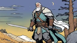 [illustration by Andrew MacLean in the comics Head Lopper style with Kupka's pixel colour palette] a seasoned ranger approaching 50th year. his hands are gnarled from years of gripping bow and sword, his weathered face etched with the wisdom and scars of countless skirmishes in the wilds. Despite his advanced age, your movements remain swift and purposeful, years of survival ensuring that his body remains battle-ready.