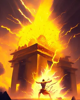 a person destroying with the help of yellow lightning striking and exploding the temple inflicting raging anger and fire in the atmosphere with orange sky