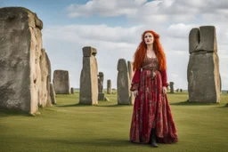 Full body shot of a tall slim red-headed young woman, dressed like a gipsy, standing in front of Stonehenge