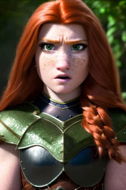 hyper realist, hyper detailed, stunningly beautiful teen woman, long ginger hair, green eyes, medium freckles, full lips, skimpy fantasy intricate leather armour, full body and head, c-cup breasts, serious expression, centred camera, full frame, petite