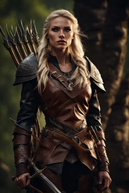 blonde female hunter with a bow wearing leather half armour dark fantasy Realistic 4k