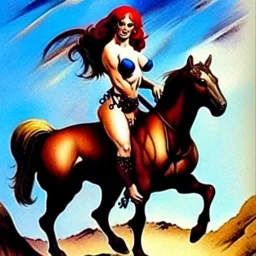 portrait of a beautiful busty Red sonja riding a horse by Frank Frazetta style