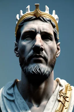 Ultra Realistic image, Roman sculpture, white marble material, Lionel Messi, gold crown of thorns, god crown, baroque ornaments, sun ornament, sun rays background, chisel style, waist up portrait, epic, celestial, cinematic lighting, God light, god rays, 4k resolution, smooth details, soft lighting, unreal engine 5, art station, substance 3d.