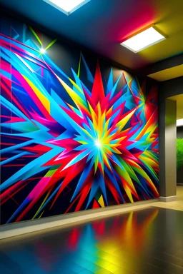 Create a hand-painted wall mural with vibrant neon geometric shapes exploding from the center, reminiscent of a cosmic burst. Use electrifying colors to convey a lively and energetic atmosphere."