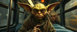 master oil painting by Rembrandt, scary ai sami gremlin woman loab on buss , motion blur background