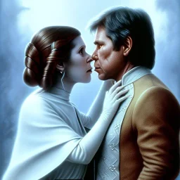 carrie fisher kissing harrison ford, pale skin, waist up portrait, intricate, oil on canvas, masterpiece, expert, insanely detailed, 4k resolution, retroanime style, circular reflective eyes, cinematic smooth, intricate detail , soft smooth lighting, soft pastel colors, painted Renaissance style