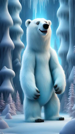 polar bear clown angel in frozen artic jungle with weird alien towers, in the style of Pixar, expertly crafted in a whimsical and vibrant cartoon style. is masterfully rendered in a lifelike 3D design, which captivates viewers with there irresistible charm.