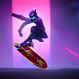 photo of a ninja riding a skateboard; in an alternate universe in tokyo; cyberpunk; realistic; rain; neon signs