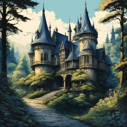 Beautiful vintage Victorian lovely castle in the forest in the lovely Illustration for beautiful fairy tale. Shows intricate lines and a detailed artistic style reminiscent of Yoshiyuki Sadamoto, Makoto Shinkai, and Yoji Shinkawa. With a victorian style The work should be done in watercolor and colored pencil, emphasizing the perfection and quality of the lines. A compelling, enticing image that captures the viewer's attention with its subtle, emotional details. Pictire made in pastel sofrt coll