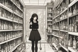 full-height shot of a young witch in a tight black short skirt, inside a large magic shop, shelving, bottles, windows