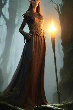 painting of a tall elven young woman with short light brune hair and freckles on the cheak bones and tall body of a topmodel light clothes, long shot, ultra realistic, concept art, intricate details, eerie, highly detailed, photorealistic, octane render, 8 k, unreal engine. art by artgerm and greg rutkowski and charlie bowater and magali villeneuve and alphonse mucha