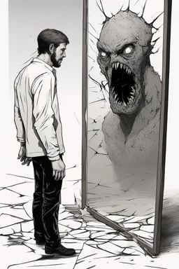 a man looking into a shattered mirror and seeing a horrifying, abstract deranged monster in his reflection