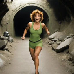 [photo by Kevin Eastman and Peter Laird] surprised April O'Neil, 24-years-old wearing a olive green one-piece swimsuit , running away from Bebop and Rocksteady, the underground tunnels in the background, vibrant 1990's movie